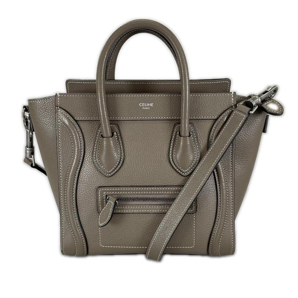 CELINE Luggage Nano Shopper Handbag, Leather, Greige, Women's, 2-Way